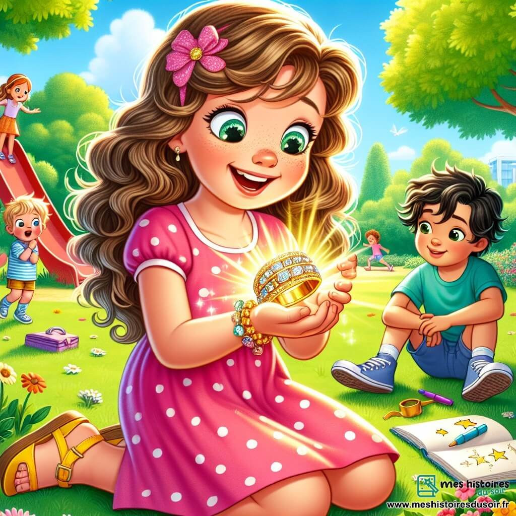 Lucie, une petite fille de 6 ans aux grands yeux brillants et cheveux châtains bouclés, porte une robe rose à pois blancs et des sandales jaunes. Agenouillée dans un parc, elle sourit en tenant un bracelet doré scintillant. À côté d'elle, Tom, un garçon de 7 ans aux cheveux blonds en bataille et t-shirt bleu, observe le bracelet avec curiosité, les bras croisés. Zoé, une fille de 6 ans aux cheveux noirs tressés, vêtue d'une jupe verte et d'un t-shirt violet, est assise sur l’herbe, dessinant des étoiles sur son carnet. Le parc ensoleillé est rempli d'arbres, de fleurs et d'un toboggan rouge, avec des rires d'enfants résonnant autour. Lucie découvre le bracelet magique, entourée de ses amis, tous intrigués par cette trouvaille qui pourrait les mener à une aventure incroyable.