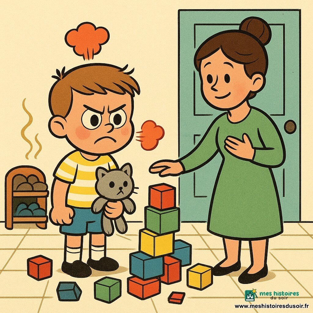 Un garçon de 6 ans aux cheveux châtain clair en brosse, grands yeux bleus et joues rosées, visage tendu et bouche pincée, tient un petit chat en peluche écrasé par une tour de cubes tombée ; il porte un t-shirt jaune rayé, short bleu et chaussettes montantes, poings serrés et une petite fumée rouge-orange sort de sa poitrine pour montrer sa colère. À côté, la maman d’environ 30 ans, cheveux bruns en chignon et robe verte, se tient à une demi-longueur de bras derrière lui, main tendue et autre main sur le cœur, visage calme et bienveillant, approchant doucement pour l’apaiser. Le lieu est le hall d’une maison cosy avec porte d’entrée bleu clair, carrelage ivoire et cubes en bois colorés éparpillés au sol ; la situation principale : la tour de cubes vient de s’effondrer sur la peluche, le garçon est en colère, prêt à pleurer ou crier, tandis que la mère intervient doucement.