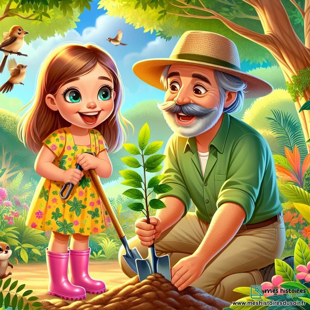 Léa, une petite fille de 6 ans aux longs cheveux bruns et aux yeux curieux, plante un jeune arbuste dans la terre. Elle porte une robe jaune à fleurs et des bottes en caoutchouc roses, souriant joyeusement. À ses côtés, Monsieur Paul, un homme d'une cinquantaine d'années avec une moustache grise et un chapeau de paille, l'encourage avec bienveillance. La scène se déroule dans une réserve naturelle verdoyante, entourée d'arbres majestueux et de fleurs colorées, avec des oiseaux chantant et un écureuil curieux observant. Léa, concentrée, creuse un trou pour l'arbuste pendant que Monsieur Paul lui explique l'importance de protéger les abeilles et la nature.