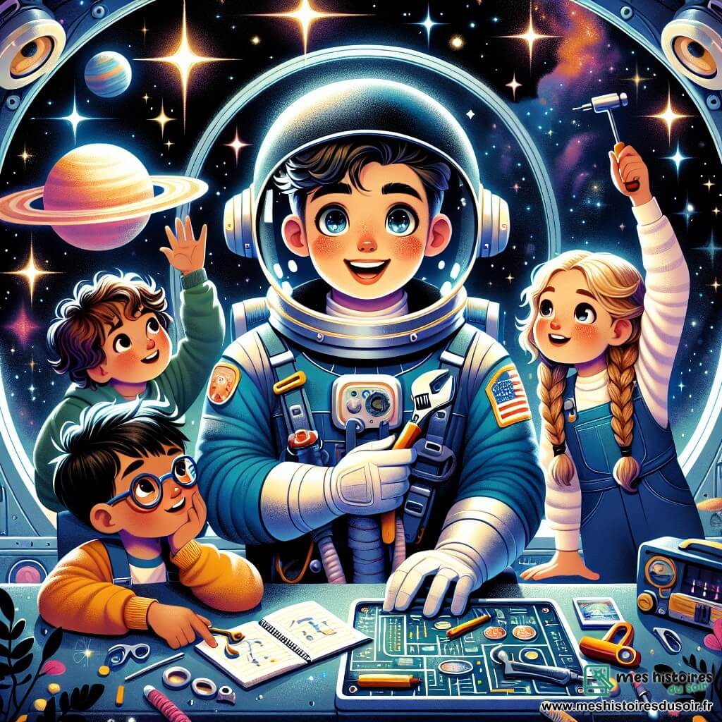 Un astronaute nommé Marco, avec un casque brillant et une combinaison spatiale bleue, sourit en réparant un tableau de bord dans son vaisseau spatial. Trois enfants, deux garçons et une fille d'environ 8 ans, l'observent avec émerveillement. Le premier garçon lève les bras en signe d'excitation, la fille pointe une étoile brillante à travers le hublot, et le deuxième garçon prend des notes. Le vaisseau flotte dans un ciel étoilé, entouré de planètes colorées et de nébuleuses scintillantes, créant une atmosphère magique. Marco répare le tableau de bord tandis que les enfants rêvent de devenir astronautes.