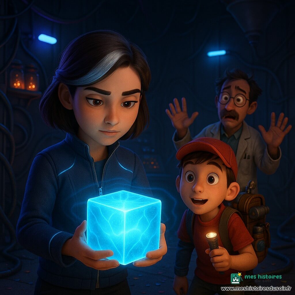 Luma Vortex, jeune femme au visage déterminé et doux et mèche argentée, porte une veste bleu nuit à lignes lumineuses et tient un cube bleu-océan qui libère une onde de lumière apaisante ; à droite, Milo Météore, garçon d'environ 12 ans en casquette rouge et sac à dos de gadgets, tient une petite lampe et regarde émerveillé ; en arrière-plan Pulse‑Piège, homme moustachu en blouse tachée, lunettes rondes, mains levées près d'une console, paraît penaud ; le hangar métallique sombre, câbles enchevêtrés, bocaux d'étincelles sur étagères, entonnoir au plafond, néons bleus et violets vacillants et sol collant à confettis créent une ambiance tendue qui se transforme en soulagement, avec forts contrastes d'ombres grises et de lumières bleues ; style : textures lisses, couleurs saturées, expressions chaleureuses, composition centrée sur le cube lumineux.