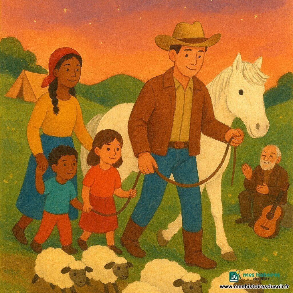 Tom, jeune homme au visage souriant et calme, chapeau de cowboy beige, veste marron et bottes usées, guide doucement un troupeau de petites brebis en descendant une colline à côté de son cheval blanc Étoile aux sabots prudents ; Mira, jeune fille d’environ 18 ans aux cheveux tressés et foulard rouge, tient la main d’un enfant et participe à une chaîne humaine formée avec un garçon d’environ 8 ans et une fille d’environ 6 ans qui tiennent une corde légère, tandis qu’un homme âgé d’environ 70 ans, visage ridé et veste en cuir, applaudit près du feu en souriant avec une vieille guitare appuyée contre sa jambe ; le camp, au pied d’une colline herbeuse parsemée de fleurs jaunes, comprend un feu de camp entouré de pierres, des tentes beiges et un ciel crépusculaire orange-rose, créant une atmosphère chaleureuse et sécurisante aux couleurs chaudes et textures gouache.