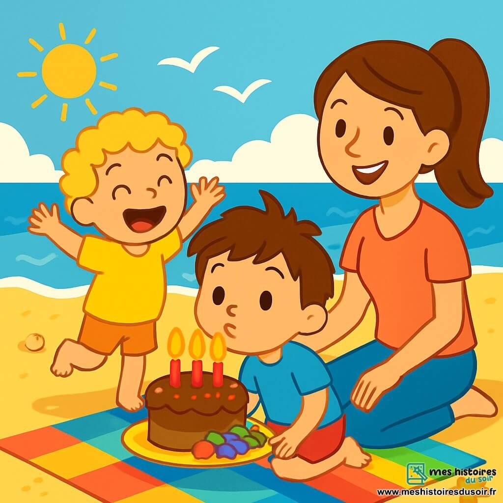 Il y a trois personnages : Nino, un petit garçon de 3 ans aux cheveux bruns en bataille et aux yeux pétillants, portant un t-shirt bleu et un short rouge, assis sur le sable en train de souffler sur les bougies de son gâteau d'anniversaire ; Mathis, également âgé de 3 ans, avec des cheveux blonds frisés et un t-shirt jaune, debout à côté de Nino, sautillant de joie ; et Maman, une femme souriante d'une trentaine d'années, avec des cheveux bruns attachés en queue de cheval, assise sur une nappe colorée, tenant un plateau avec le gâteau au chocolat et des fruits. La scène se déroule sur une plage ensoleillée avec du sable doré, des vagues douces en arrière-plan, des mouettes dans le ciel bleu et quelques coquillages au sol. Nino souffle sur les bougies, Mathis applaudit et Maman les regarde avec tendresse, créant une atmosphère festive et magique.