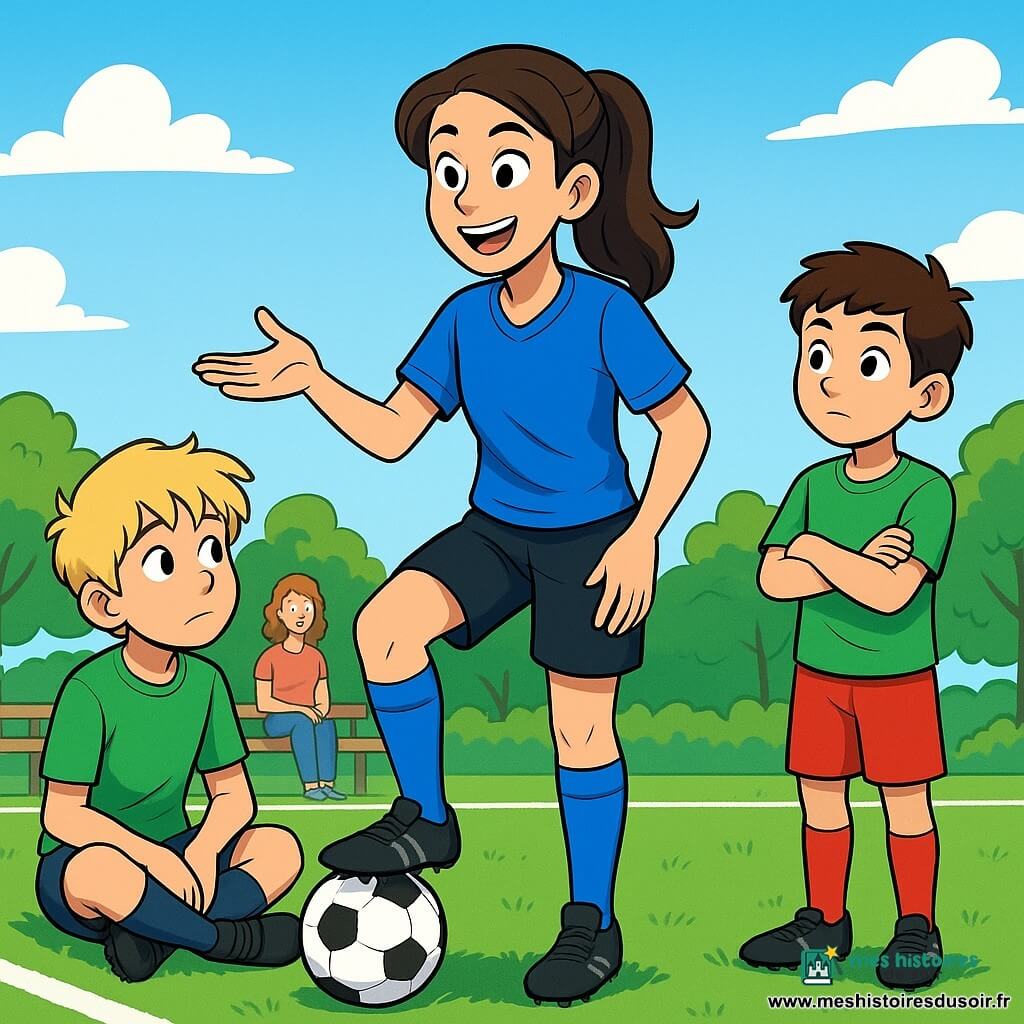 Maya, une femme avec des cheveux bruns en queue de cheval, est au centre de l'image, vêtue d'un maillot de football bleu vif, d'un short noir et de crampons. Elle exprime joie et détermination en montrant aux enfants comment faire une passe avec un ballon à ses pieds. À sa droite, Tom, 9 ans, avec des cheveux blonds en bataille et un maillot vert, écoute attentivement. À sa gauche, Samir, 10 ans, avec des cheveux bruns et un short rouge, se tient debout, les bras croisés, curieux. Le décor est un petit stade en plein air avec une pelouse verte, des parents souriants sur des bancs en bois et un ciel bleu parsemé de nuages. Maya explique aux enfants l'importance de l'écoute sur le terrain, captivant leur attention.