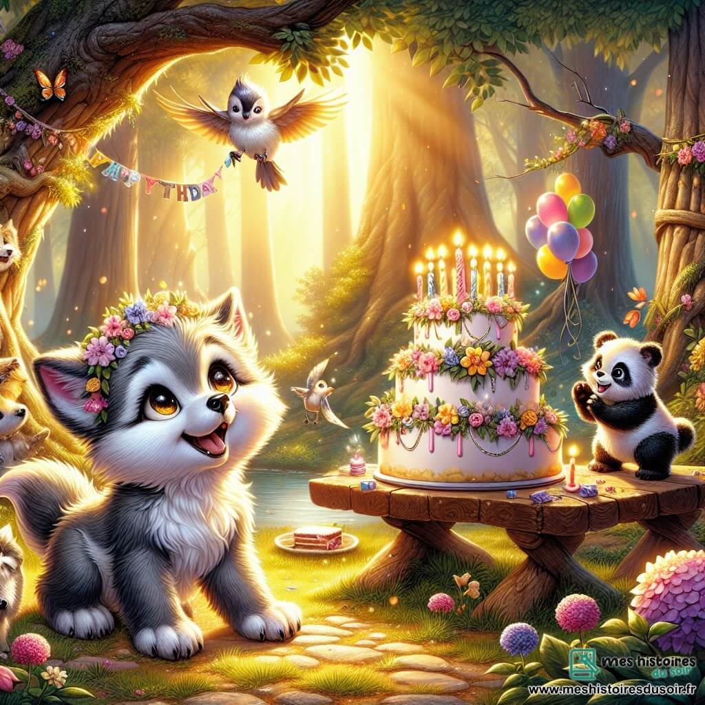 Illustration d'un petit loup gris avec un pelage doux et des yeux malicieux, assis sous un grand arbre, souriant de joie en tenant un collier de fleurs, admirant un gâteau d'anniversaire. À ses côtés, un petit panda joyeux applaudit sur ses pattes arrière, tandis qu'un moineau chante sur une branche. La scène se déroule dans une clairière enchantée, baignée de lumière dorée, entourée d'arbres majestueux et de fleurs éclatantes. Au centre, une grande table en bois porte un énorme gâteau décoré de bougies et de guirlandes. Le loup découvre la surprise de son anniversaire, entouré de ses amis animaux, avec des ballons colorés et des rires résonnant dans la forêt, créant une ambiance festive.