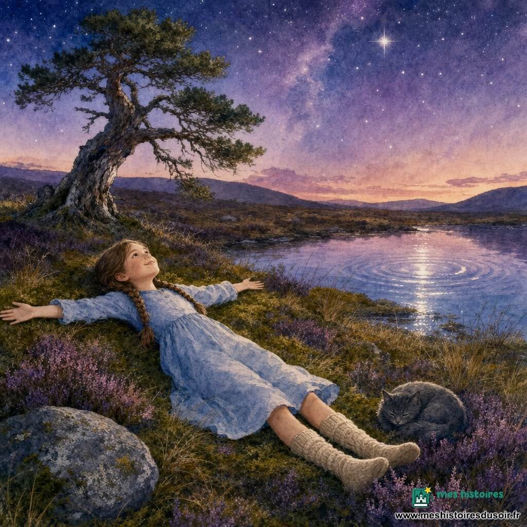 Fille de 10 ans sereine et souriante, cheveux châtain clair en deux tresses, robe bleu pâle et chaussettes en laine crème, allongée sur le dos sur un tapis d’herbe et de mousse, bras ouverts, regardant un ciel étoilé; un chat gris pelucheux roulé près de ses pieds sur la bruyère violette à sa droite; un vieux pin tordu à gauche en arrière-plan; un petit lac calme reflétant le ciel mauve et une étoile brillante avec de légères rides près du rivage; lande de bruyère violette et touffes d’herbe dorée, pierre plate ronde à proximité et collines douces à l’horizon; composition apaisante en plan large et perspective basse, palette de lavandes, bleus poussiéreux, ocres chauds et gris doux, bords flous et textures aquarelle suggérant la lumière et l’air du crépuscule.