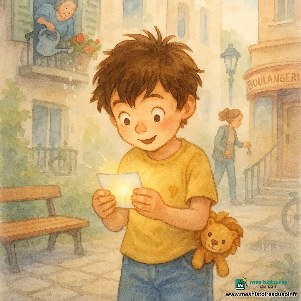 Noé, garçon de 8 ans aux cheveux bruns en bataille, t-shirt jaune taché de confiture et jeans courts, tient à deux mains une petite carte en papier qui brille, visage émerveillé et la tête penchée; un doudou Mini‑Lion en peluche, doux et râpé, sort à moitié de sa poche et le semble encourager; en arrière‑plan à droite, sa mère d’environ 35 ans, cheveux attachés et veste légère, cherche ses clés à la porte, silhouette floue; à gauche, une voisine d’environ 60 ans arrose des géraniums depuis un balcon et quelques gouttes tombent vers la carte; décor : cour d’immeuble urbaine pavée avec un petit banc en bois, une boulangerie à l’angle à vitrine arrondie, un lampadaire et des marches vers le local à vélos, textures aquarelle et couleurs pastel chaudes; ambiance : découverte d’une carte au trésor mouillée par une goutte qui la fait briller, lumière douce du matin, composition centrée sur les mains et la carte, atmosphère d’aventure douce et curieuse.
