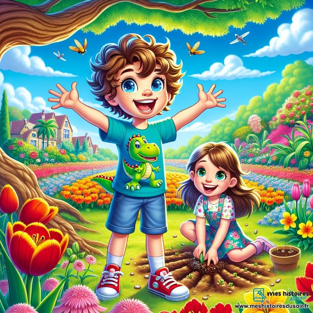 Maxime, un garçon de 8 ans aux cheveux bouclés et aux yeux pétillants, se tient dans un jardin coloré, souriant avec les bras ouverts. Il porte un t-shirt à motifs de dinosaures et des shorts, avec des chaussures rouges. À ses côtés, Clara, une fille de 8 ans aux cheveux longs et bruns, en robe à fleurs, s'agenouille pour planter des graines, excitée. Le jardin est rempli de fleurs éclatantes : tulipes rouges, jonquilles jaunes et pélargoniums roses, avec des abeilles autour. Un vieux chêne majestueux offre de l'ombre, tandis que le ciel bleu est parsemé de nuages blancs. Maxime et Clara, impatients, plantent des graines, entourés par la beauté du printemps.