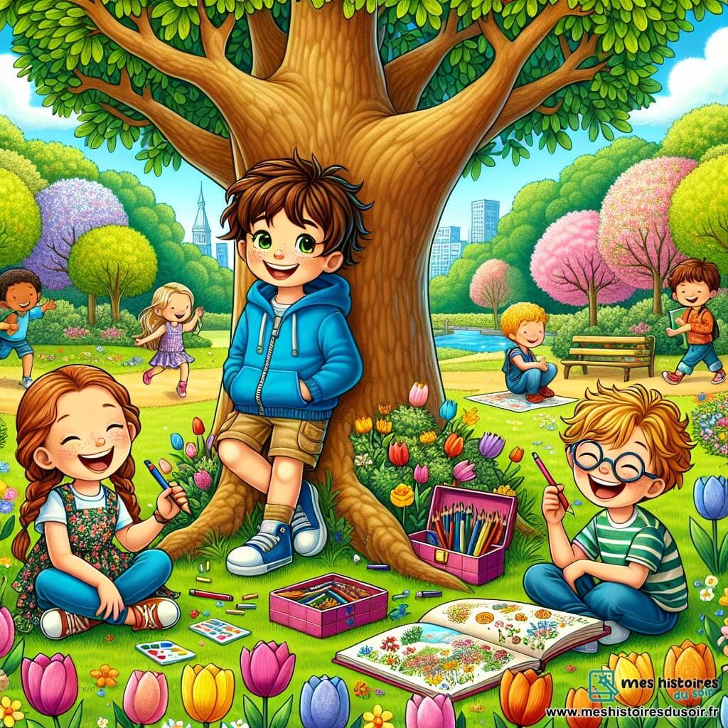 Léo, un garçon de 10 ans aux cheveux bruns en bataille et aux yeux curieux, se tient dans un parc fleuri, souriant et prêt pour une chasse au trésor. À sa droite, Emma, 9 ans, cheveux blonds tressés, dessine sur l'herbe avec des crayons de couleur. À sa gauche, Max, 10 ans, avec des lunettes rondes, rit en tenant une boîte de graines de fleurs trouvée lors de la chasse. Le parc est coloré avec des cerisiers en fleurs et des tulipes, sous un ciel bleu parsemé de nuages. Les enfants célèbrent leur succès, entourés de rires, tandis que d'autres s'approchent, curieux de découvrir les surprises.