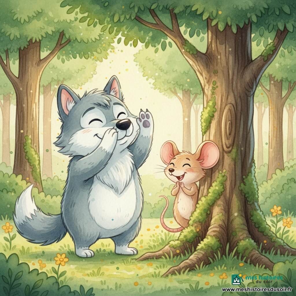 Loup doux et rond au pelage gris-bleu clair avec touches blanches, grands yeux brillants, expression joyeuse et malicieuse, museau souriant, compte les yeux fermés et lève une patte pour se cacher ; petite souris beige rosée, fine et ronde, grandes oreilles roses, yeux noirs pétillants, se dissimule derrière un tronc mousseux en regardant en coin et riant doucement ; le loup à centre-gauche, la souris à centre-droit séparés par un grand arbre ; forêt enchantée verte aux troncs bruns tachetés, feuilles vertes dégradées, tapis de mousse et petites fleurs jaunes, rayons de soleil dorés ; scène de cache-cache joyeuse dans une clairière, ambiance tendre et lumineuse, mouvements fluides, couleurs douces et contrastes légers, style aquarelle enfantin avec contours subtils et éclaboussures contrôlées.