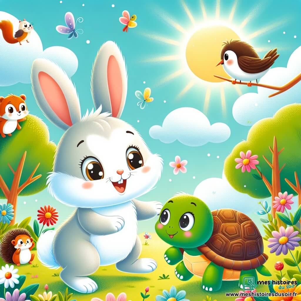 Léo, un petit lapin aux poils blancs et aux grandes oreilles, saute dans un jardin ensoleillé avec un sourire. À ses côtés, Tilly, une tortue à la carapace verte, marche doucement avec un sourire timide. Le jardin est rempli de fleurs colorées, d'herbe verte et d'un ciel bleu. Ils jouent ensemble avec leurs amis : un écureuil roux grimpant à un arbre, un oiseau jaune chantant sur une branche, et un hérisson souriant. La scène respire la joie et l'amitié, montrant Léo invitant Tilly à jouer dans ce cadre enchanteur.
