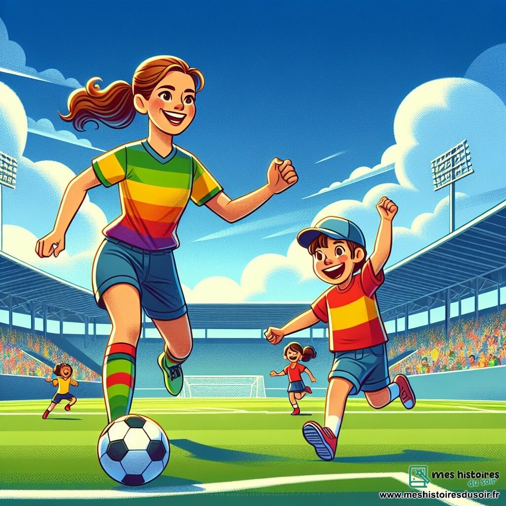 Clara, une jeune femme athlétique aux cheveux bruns en queue de cheval, porte un maillot coloré et un short de football. Son visage exprime joie et détermination alors qu'elle dribble un ballon sur le terrain, souriante. Un petit garçon de 8 ans, avec une casquette à l'envers et un t-shirt vif, court derrière elle en riant, tandis qu'une petite fille de 7 ans avec des couettes, en robe de sport, l'encourage en levant les bras. Le lieu est un grand stade ensoleillé avec une pelouse verte et des gradins remplis d'enfants et de familles applaudissant. Clara dribble habilement le ballon, créant une atmosphère de joie et de camaraderie.