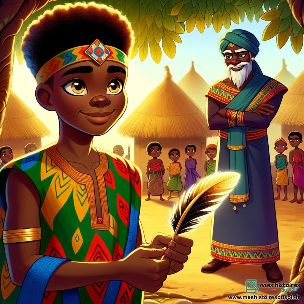 Kofi, un jeune homme d'environ 20 ans avec des yeux pétillants et un large sourire, porte une tunique colorée en tissu traditionnel aux motifs africains. Il se tient debout avec une plume à la main, affichant une expression déterminée et bienveillante, prêt à apporter la justice dans le village. Nzinga, le chef du village d'une cinquantaine d'années, a une stature imposante et un regard sévère, vêtu d'un pagne décoré, observant Kofi avec défi et inquiétude. La scène se déroule sous un grand arbre au centre du village des Ombres, où les villageois sont rassemblés, certains écoutant attentivement, d'autres affichant des regards inquiets, illustrant le moment crucial où Kofi tente d'apporter l'harmonie dans un village divisé.