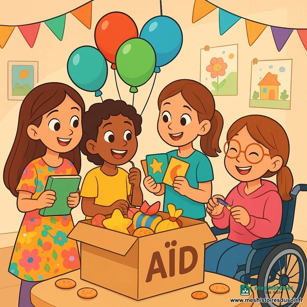 Quatre enfants se réunissent pour préparer une boîte à merveilles pour l'Aïd. Amira, 9 ans, a de longs cheveux bruns et porte une robe colorée. Lina, 8 ans, avec des cheveux bouclés, est en t-shirt jaune et tient des ballons. Maïssa, 9 ans, avec des cheveux lisses en queue de cheval, porte un t-shirt bleu et a des cartes décorées. Yasmine, 9 ans, en fauteuil roulant, a des cheveux châtains, des lunettes et un pull rose. Ils sont dans une chambre lumineuse, décorée de guirlandes et de dessins, entourés de ballons et de petits gâteaux, créant une ambiance joyeuse et festive.