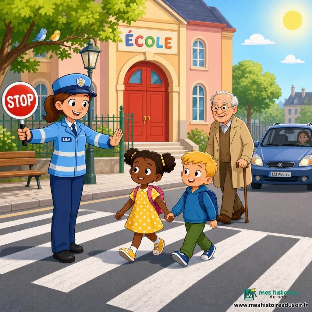 La policière Lila, souriante et rassurante en uniforme bleu ciel avec chapeau rond et bandes réfléchissantes, tient une pancarte STOP pour arrêter la circulation tandis que la fillette Léa (6 ans, couettes, robe jaune à pois) et son ami garçon (6 ans, cheveux blonds, pantalon vert) traversent main dans la main sur le passage piéton; M. Paul, environ 70 ans avec canne et manteau beige, traverse lentement derrière eux; lieu devant une école colorée à grande porte rouge, trottoir et passage piéton marqués, arbre, banc et voiture arrêtée; ambiance sûre, calme et ensoleillée.