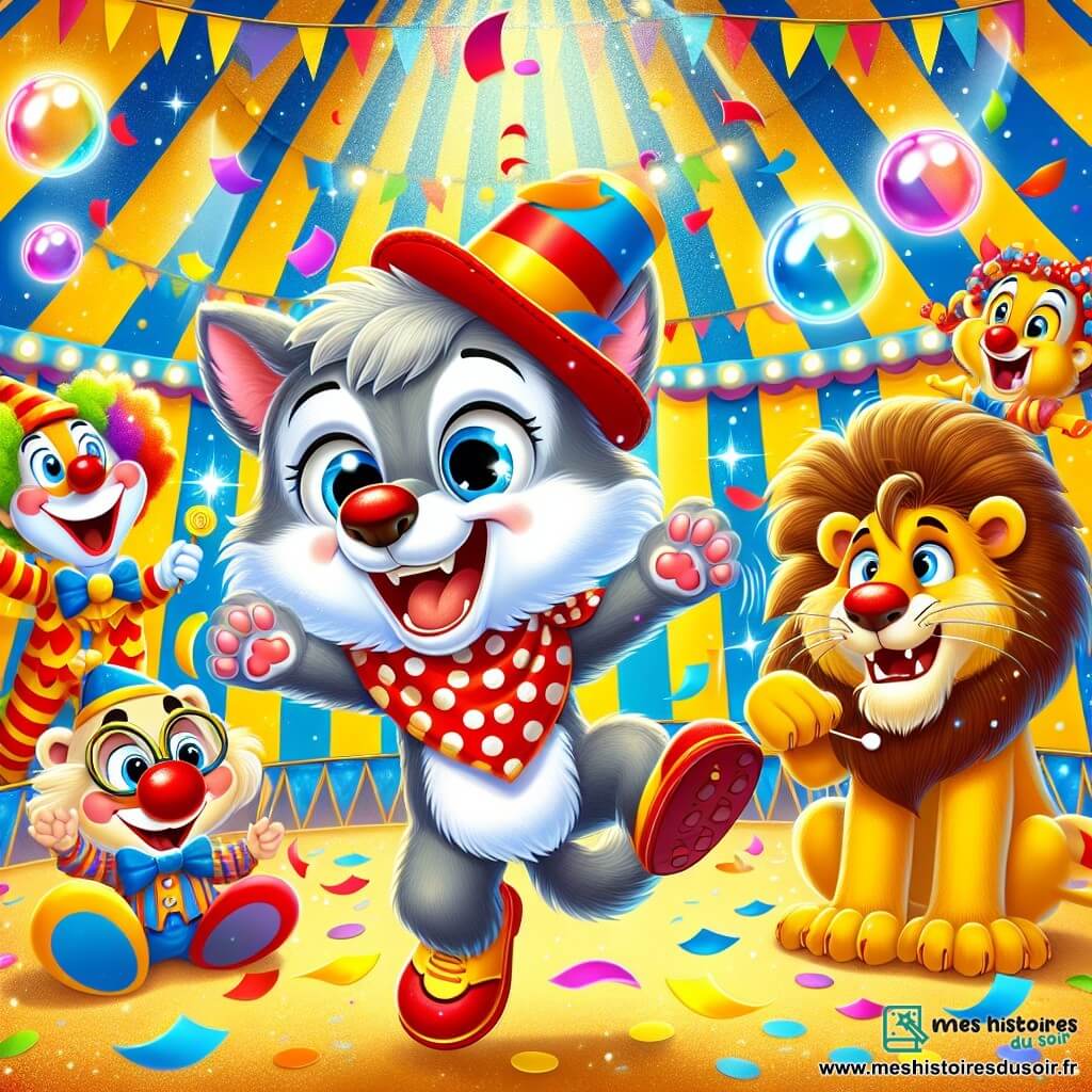 Un petit loup joyeux, avec un pelage gris et des yeux pétillants, porte un foulard rouge à pois blancs. Il saute de joie, souriant, entouré de confettis colorés. À côté, un clown rigolo avec un nez rouge et de grands souliers jaunes fait des grimaces en riant. Un lion amical souffle des bulles de savon qui flottent dans l’air. La scène se déroule sous un chapiteau de cirque immense, rayé de jaune et de bleu, rempli de lumières scintillantes. Le petit loup et ses amis s’amusent dans une ambiance joyeuse, célébrant la magie du cirque.