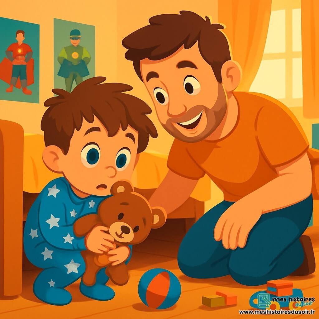 Un petit garçon de 4 ans, nommé Tom, avec des cheveux bruns en désordre et de grands yeux bleus, regarde sous son lit avec une expression curieuse et craintive. Il porte un pyjama bleu avec des étoiles blanches et tient son ourson en peluche. À côté de lui, son papa, un homme d'une trentaine d'années avec des cheveux châtains et une légère barbe, sourit doucement en s'accroupissant pour rassurer Tom. Ils se trouvent dans une chambre chaleureuse, décorée de posters de super-héros et de jouets éparpillés, avec une lumière douce filtrant à travers les rideaux. La scène montre Tom et son papa vérifiant ensemble sous le lit, illustrant le moment où Tom apprend à surmonter sa peur des monstres.