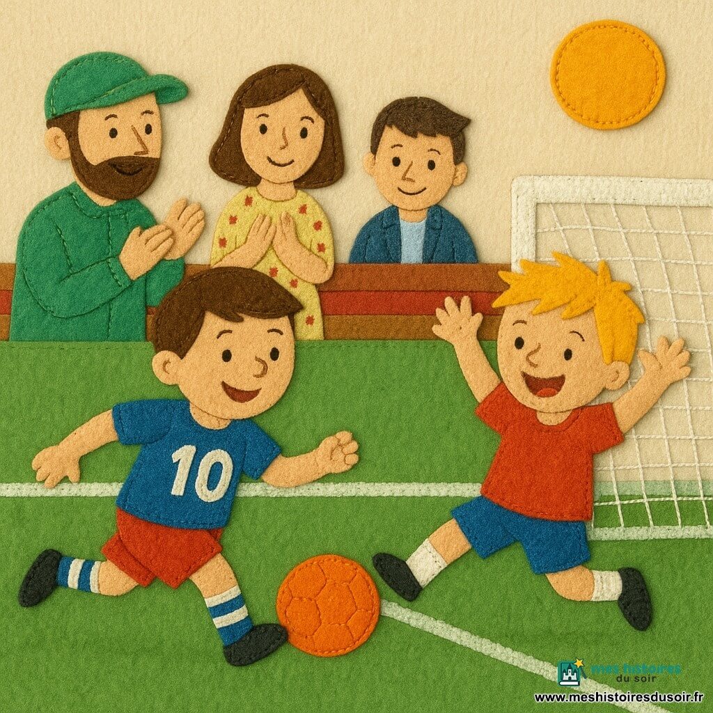 Julien, environ 10 ans, visage rond et sourire large, passe en courant un ballon orange à Lucas, aussi ~10 ans, qui reçoit près du but et tire pour marquer ; l'entraîneur souriant en casquette verte et deux parents applaudissent sur la touche ; terrain de quartier aux couleurs vives, textures et bords en feutrine et couture apparente pour un rendu chaud et tactile.