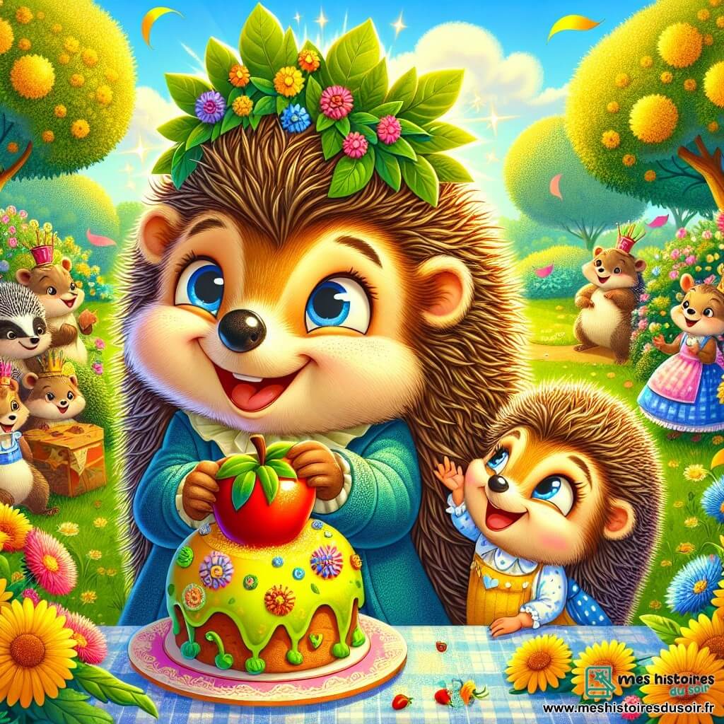 Un jeune hérisson nommé Gustave, avec un grand sourire, porte une couronne de feuilles sur la tête de son papa hérisson. Sa petite sœur Pimprenelle, joyeuse, tient un gâteau en forme de pomme. Le jardin de Feuilliville est fleuri, avec des pissenlits et un ciel bleu. Des voisins animaux, comme un blaireau et une lapine avec ses jumeaux, se rassemblent autour d'une table décorée, prêts à célébrer. Gustave et Pimprenelle préparent une fête surprise pour leur papa dans une ambiance festive et joyeuse.