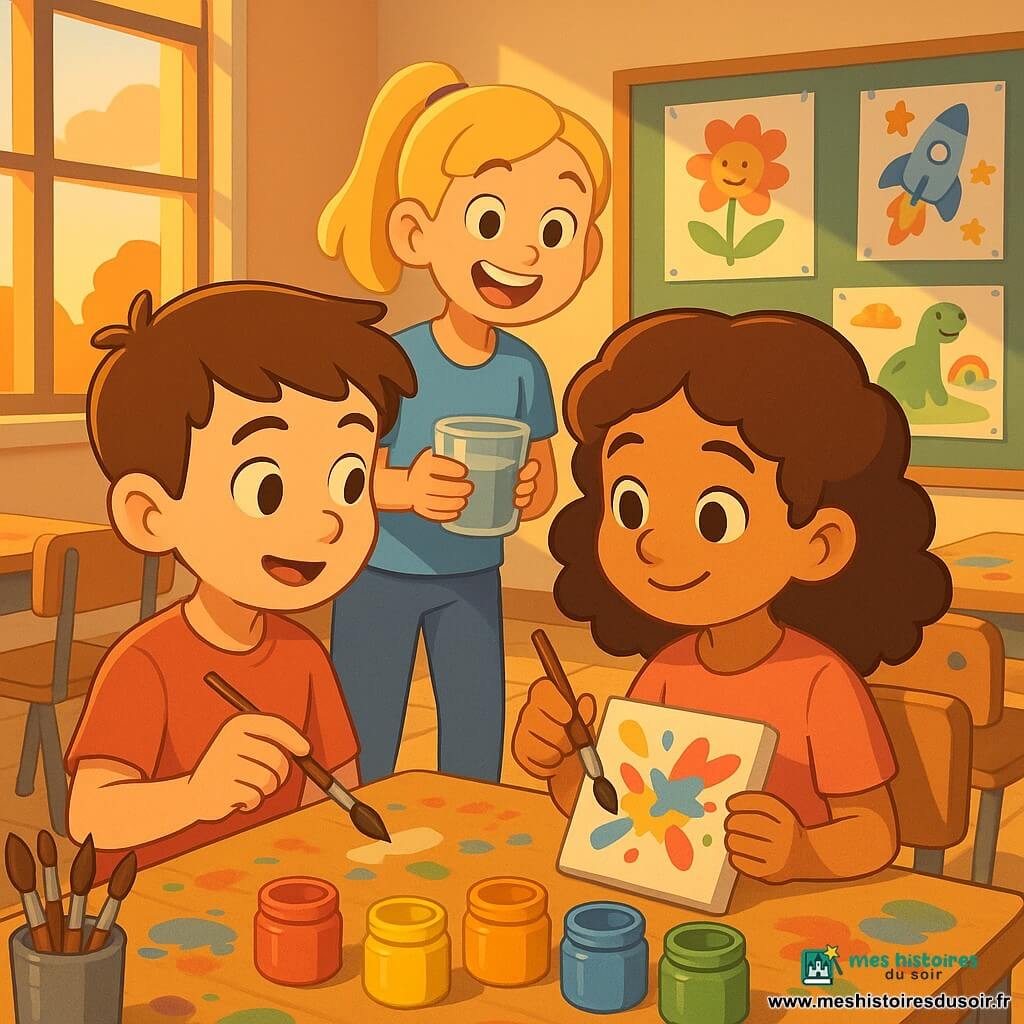 Trois enfants d’environ 8 ans dans une salle de classe lumineuse : Léo, garçon à peau claire et cheveux bruns courts, assis à gauche, montre une technique de peinture à sa voisine en tenant un pinceau ; Nora, fille à peau légèrement hâlée et cheveux châtain bouclés, assise à droite, sourit timidement en tenant une petite toile qu’elle commence à peindre ; Clara, fille à peau claire et cheveux blonds en queue, debout derrière eux, regarde avec enthousiasme et tient un pot d’eau pour rincer les pinceaux. La pièce a de grandes fenêtres laissant entrer une lumière dorée, tables en bois tachées de peinture, bocaux de pinceaux, pots de gouache vives et affiches peintes d’enfants aux murs. Des éclaboussures de couleur sur la toile et la table, ambiance chaleureuse, inclusive et bienveillante.
