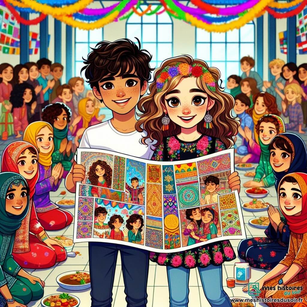 Au centre de l'image, Camille, 12 ans, sourit joyeusement. Elle porte un t-shirt coloré et un short en jean, tenant une grande affiche illustrant sa culture et celle de son ami. À ses côtés, Amir, un garçon afghan de 12 ans, sourit timidement, vêtu d'une chemise traditionnelle. Ils se trouvent dans le gymnase de l'école, décoré de guirlandes colorées et entouré d'élèves de diverses origines, captivés par leur présentation. Ils partagent leurs histoires culturelles, symbolisant la beauté de la diversité et de l'amitié.
