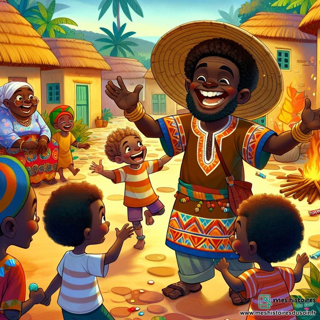 Kofi, un homme africain d'une trentaine d'années, se tient souriant au centre de l'image, portant un grand chapeau en paille et une tunique colorée. Il accueille ses amis avec les bras ouverts, tenant un sac en bandoulière rempli de friandises. À sa droite, Tambo, un garçon de dix ans, danse joyeusement avec d'autres enfants. À sa gauche, une dame âgée observe la scène avec un sourire bienveillant, assise sur un banc. Le village africain vibrant est constitué de maisons en terre cuite, d'arbres verdoyants et d'un feu de camp autour duquel les enfants dansent. Kofi, entouré d'enfants joyeux, célèbre l'amitié et la joie, tandis que la dame symbolise la transmission de la sagesse et des traditions.