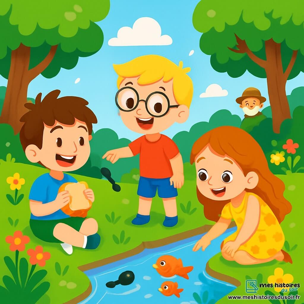 Il y a trois personnages : Léo, un garçon de 8 ans aux cheveux bruns en bataille, assis sur l'herbe avec un sandwich ; Tom, un garçon de 8 ans aux cheveux blonds et lunettes rondes, debout à côté de Léo montrant un têtard dans l'eau ; et Léa, une fille de 7 ans aux cheveux longs et bouclés, accroupie près de la rivière observant les poissons. L'action se déroule au bord d'une rivière scintillante, entourée d'arbres et de fleurs colorées, sous un ciel bleu parsemé de nuages. Les enfants explorent la rivière, émerveillés par la nature, tandis qu'un vieux pêcheur les observe au loin.