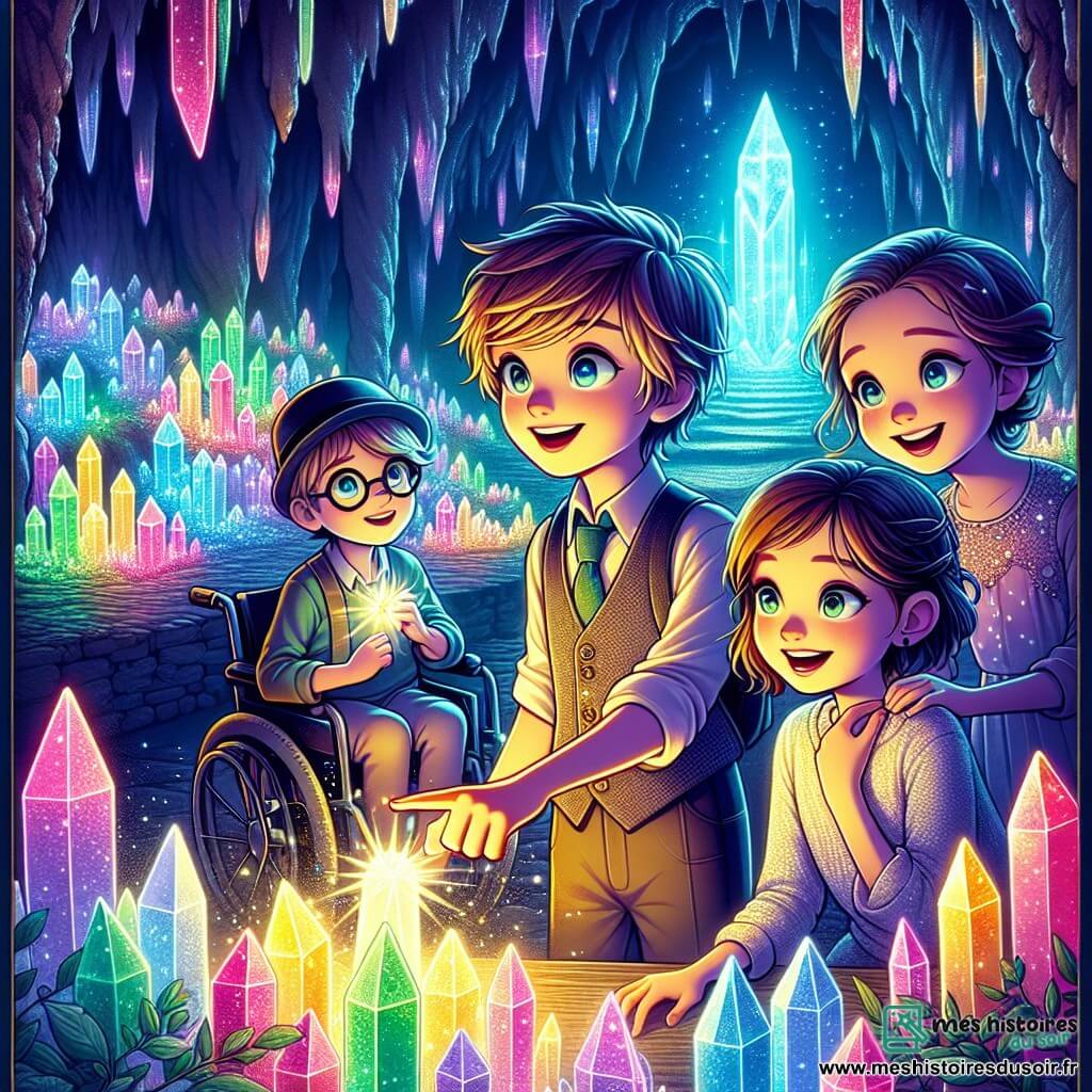 Dans une grotte mystérieuse illuminée par des cristaux scintillants, quatre enfants admirent un cristal légendaire capable de réaliser un vœu. Lucas, au centre, est émerveillé, tandis qu'Emma, souriante, tient un origami en forme d'étoile. Chloé, en fauteuil roulant, observe les couleurs des cristaux, et Tom, en arrière, sourit rêveusement. L'atmosphère magique est accentuée par les lumières douces et les reflets dansants sur les murs. Les enfants se préparent à formuler un souhait pour unir la Terre et Luminara.