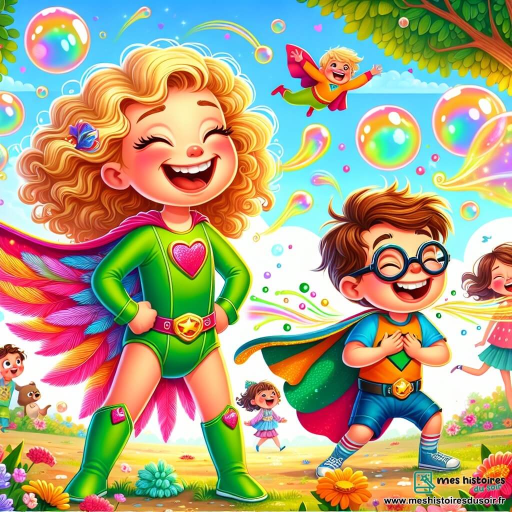 Lili, une jeune fille aux cheveux bouclés et dorés, porte un costume de super-héroïne vert avec des plumes roses. Elle éternue, faisant s'envoler des bulles colorées. À côté d'elle se trouve Super-Pouet, un garçon de 8 ans avec des lunettes rondes, qui rit en faisant des bruits de prouts. Madame Élastique, une femme d'une trentaine d'années, s'étire joyeusement en tenant une cape colorée. La scène se déroule dans un parc ensoleillé, rempli de fleurs et d'arbres, où des enfants jouent. Lili éternue à nouveau, et des bulles géantes flottent, créant une ambiance magique. Les personnages rient ensemble, entourés de bulles scintillantes.