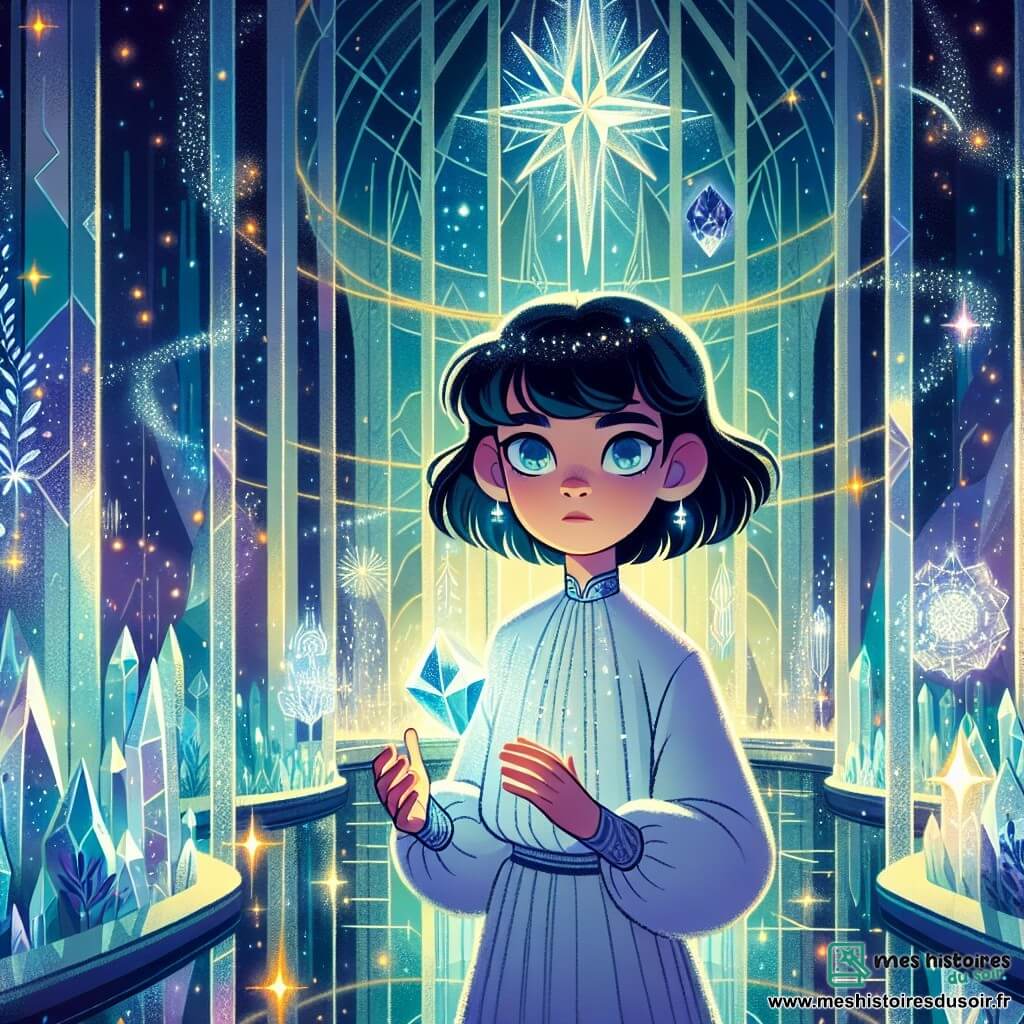 Lyra, une jeune femme aux cheveux noirs et aux yeux curieux, se trouve au centre d'un palais de cristal flottant dans l'espace. Son visage montre détermination et émerveillement alors qu'elle tient le Cristal des Destinées, une gemme éclatante diffusant des couleurs chatoyantes. À ses côtés, Orion, un esprit stellaire aux formes changeantes, brille d'une lumière douce et flotte légèrement, admirant Lyra avec fierté. Le palais, majestueux et entièrement en cristal transparent, reflète les lumières des étoiles et crée une atmosphère magique. Lyra, émue et responsable, est prête à utiliser le pouvoir du Cristal pour apporter l'harmonie entre les mondes, soutenue par le sourire d'Orion.