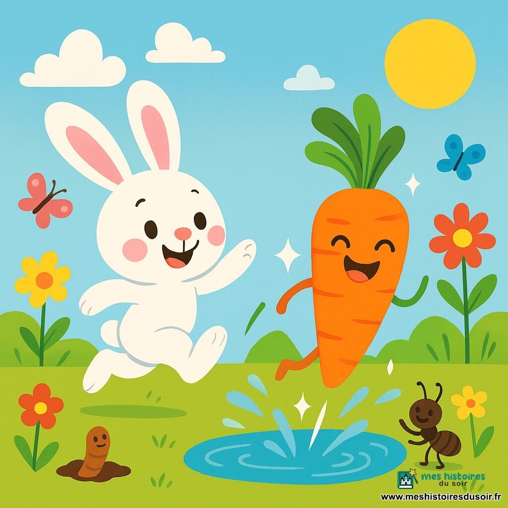Pipo le lapin est un petit lapin aux grandes oreilles, avec un pelage blanc et des joues roses. Il sourit joyeusement et a des yeux pétillants. Il saute dans le jardin, poursuivant une carotte magique qui roule et brille. La carotte, orange vif avec des feuilles vertes, a une expression malicieuse. Un petit ver de terre marron sort d'un trou, curieux, tandis qu'une fourmi noire applaudit en riant. Le jardin est rempli de fleurs colorées et de papillons, avec une mare scintillante au soleil. Pipo saute après la carotte qui éclabousse dans la mare, créant des gouttes d'eau brillantes.