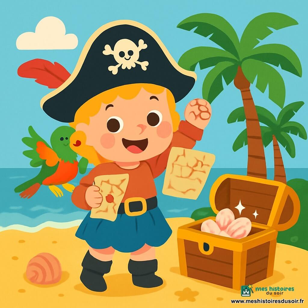Zoé, petite pirate aux cheveux bouclés et dorés, porte un chapeau noir avec une plume rouge. Elle sourit joyeusement, tenant une carte au trésor d'une main et levant l'autre en signe de victoire. Jojo, le perroquet coloré, est sur son épaule, battant des ailes et répétant "Courage !" La scène se déroule sur une île tropicale avec des palmiers, du sable doré et des coquillages. En arrière-plan, un océan bleu clair et des vagues douces. Zoé et Jojo ont découvert un coffre au trésor sous un cocotier, rempli de coquillages brillants, et Zoé est prête à partager sa découverte.
