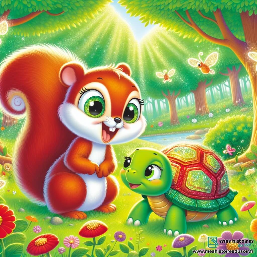 Émile, un écureuil au pelage roux, saute joyeusement autour de Tilly, une tortue à la carapace colorée. Émile sourit, enthousiaste, et montre à Tilly les merveilles de la forêt. Tilly, assise calmement sur l'herbe, regarde Émile avec bienveillance, appréciant ce moment. La scène se déroule dans une clairière ensoleillée, entourée de grands arbres et de fleurs colorées, avec des oiseaux volant au-dessus. Émile et Tilly jouent ensemble, célébrant leurs différences et symbolisant l'amitié et la tolérance dans ce cadre enchanteur.