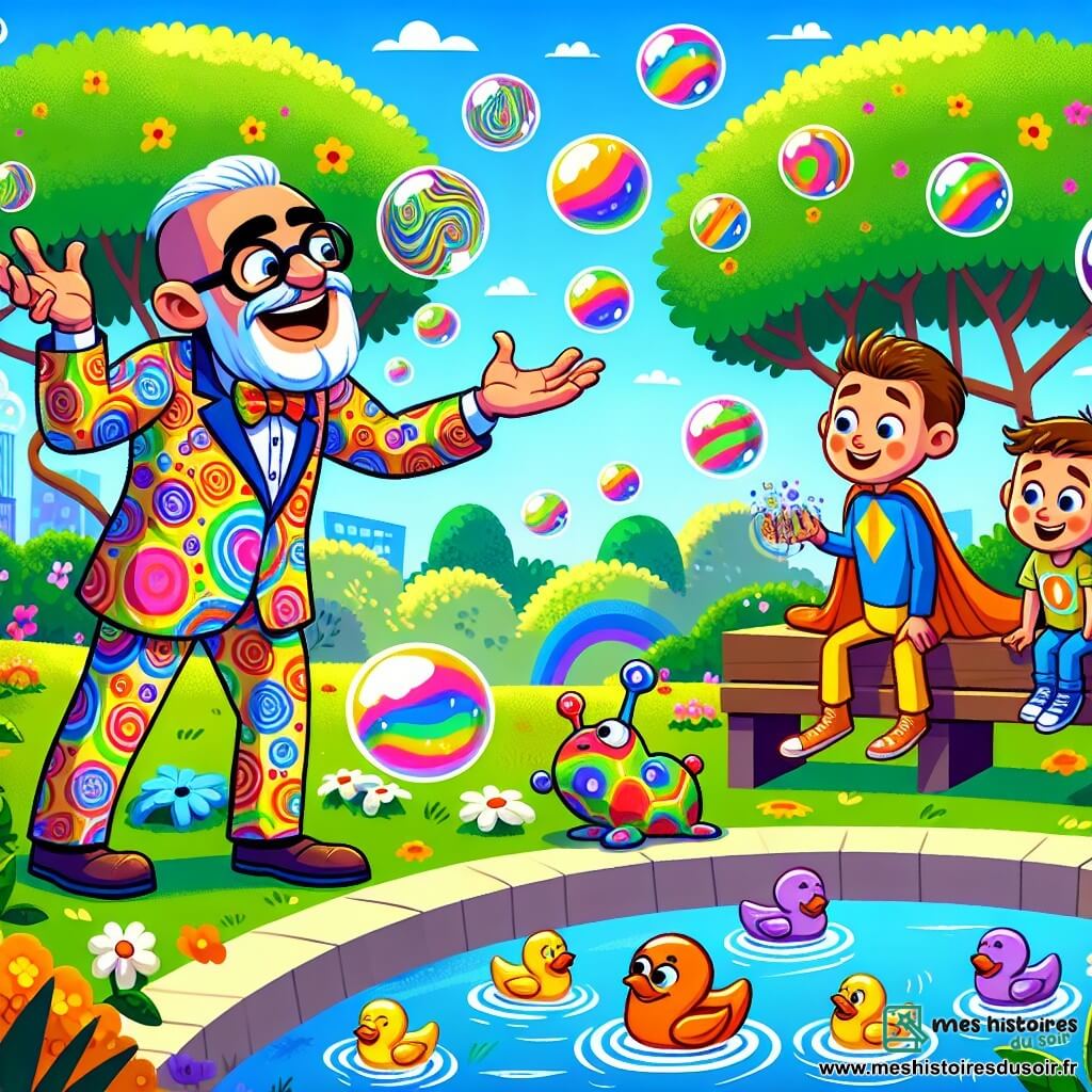 Monsieur Froussard est un homme joyeux en costume multicolore à motifs de bulles de savon, jonglant avec des bulles géantes. À ses côtés, le Dr Drôle, un homme d'environ 30 ans en costume orange vif et cape flottante, jongle avec des canards en plastique. L'Escargot Vitesse, un garçon de 10 ans, rampe avec une cape brillante, admirant les deux jongleurs. La scène se déroule dans un parc ensoleillé de Rigolopolis, où les arbres dansent et les fleurs s'épanouissent. Monsieur Froussard et le Dr Drôle préparent des blagues pour faire rire un monstre en guimauve triste assis sur un banc, dans une atmosphère joyeuse et colorée.