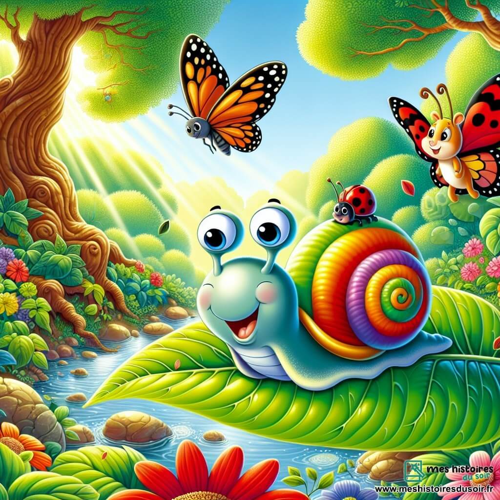 Un escargot nommé Émile, avec une coquille colorée, se tient sur une grande feuille verte, exprimant détermination et joie. À côté de lui, un papillon nommé Lila vole autour, tandis qu'une coccinelle rouge, Coco, l'admire. Le décor est un jardin luxuriant avec des fleurs éclatantes, de grands arbres et un ruisseau scintillant. Émile est prêt à traverser le ruisseau sur une feuille flottante, entouré de ses amis qui l'encouragent, illustrant leur courage et leur esprit d'aventure.