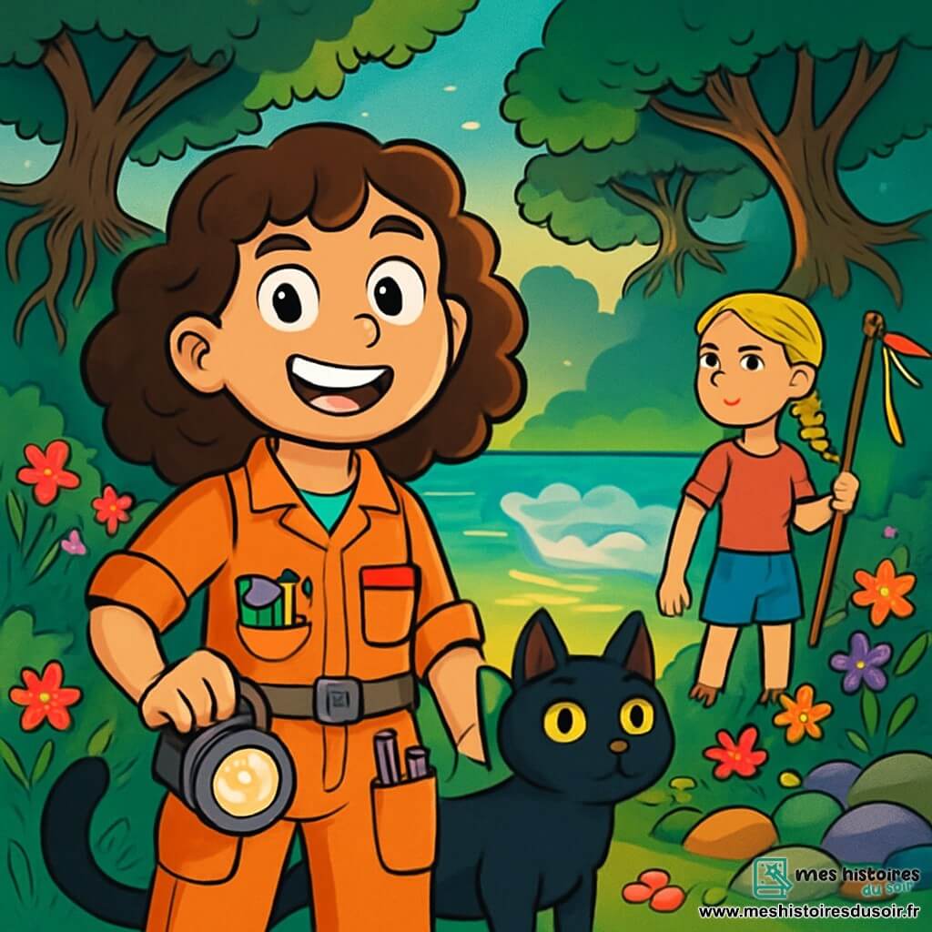 Une fille de 12 ans, Camille, avec des cheveux châtains bouclés et des yeux curieux, se tient au bord d'un lac scintillant, souriante. Elle porte une combinaison de bricoleuse avec des poches pleines d'outils et tient une lampe frontale. À ses côtés, un chat noir aux yeux verts, Gaspard, observe attentivement, curieux et inquiet. Un peu plus loin, Zoé, également âgée de 12 ans, avec des cheveux blonds tressés, regarde le paysage en tenant une perche ornée de rubans colorés. Le décor est une forêt magique avec des arbres aux racines dans le ciel et des branches dans la terre, autour d'un immense lac aux reflets dorés, entouré de fleurs éclatantes. Camille et Zoé sont prêtes à traverser le lac sur une barque de brume, déterminées et excitées, tandis que Gaspard les accompagne, curieux de ce qui les attend.