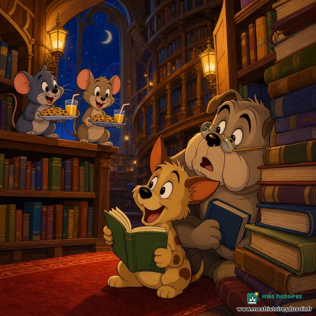 Un petit chien joyeux et curieux, Max, aux oreilles pointues et au pelage beige tacheté de marron, sourit en tenant un livre ouvert entre ses pattes ; à côté, Robert, un gros bouledogue sérieux mais tendre portant de petites lunettes rondes, tient un livre sous la patte ; deux petites souris espiègles, perchées sur une étagère, offrent des biscuits et du jus ; le tout dans une vaste bibliothèque chaleureuse éclairée d’une lumière dorée la nuit, étagères en bois, tapis et escaliers en colimaçon ; Max et Robert, cachés derrière une pile de livres, sont surpris et ravis ; style années 90, couleurs vives, contours doux et textures papier cartoon.