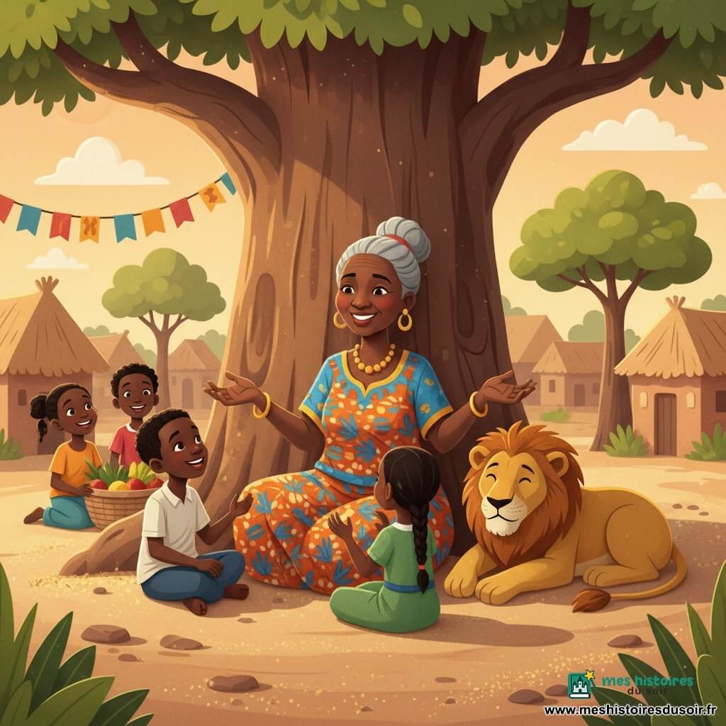 Une femme, Mère Baobab, souriante et sereine, assise au pied d’un grand baobab, mains ouvertes comme pour embrasser l’air, peau brune, cheveux argentés en chignon, vêtue d’un wax orange et bleu, entourée d’un lion doré couché à sa droite et de quatre enfants — un garçon de 7 ans aux cheveux courts assis à gauche, une fille de 6 ans en tresse et robe verte assise devant elle, et deux plus jeunes riant près d’un panier de fruits — sur la place du village aux sols ocres et maisons en terre cuite, sous une lumière douce de coucher de soleil; atmosphère chaleureuse et paisible, composition centrée sur la femme et le lion avec les enfants en demi‑cercle et beaucoup d’espace négatif autour du baobab, rendu aux couleurs chaudes et textures de papier découpé.