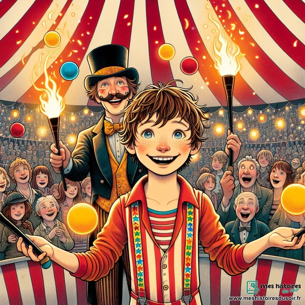 Un garçon de 12 ans, Lucas, se tient au centre de la scène, avec des cheveux bruns en bataille et des yeux pétillants d'excitation. Il porte un costume coloré orné de motifs d'étoiles et de rayures, jonglant avec des balles multicolores, un grand sourire illuminant son visage. À ses côtés, Monsieur Zing, un jongleur d'une cinquantaine d'années avec une moustache flamboyante et un chapeau haut de forme, lance des torches enflammées avec aisance, affichant un sourire complice. En arrière-plan, la tente du cirque, immense et rayée de rouge et de blanc, est remplie de spectateurs émerveillés, leurs visages illuminés par les lumières scintillantes. La scène est animée, avec des confettis tombant du ciel, et l'atmosphère est pleine de joie et de magie, capturant l'essence d'un spectacle de cirque vibrant et coloré.