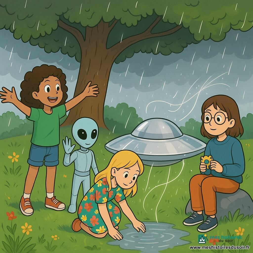 Il y a 4 personnages : Jade, une fille de 10 ans aux cheveux bouclés et bruns, souriante et prête à courir sous la pluie ; Lina, une fille de 9 ans aux cheveux lisses et blonds, accroupie et observant une flaque d'eau ; Zoé, une fille de 10 ans aux cheveux châtains et portant des lunettes rondes, assise sur une pierre avec un petit appareil en forme de fleur ; et Nira, un extraterrestre de petite taille avec une peau bleu pâle, se tenant à côté de Jade. Ils se trouvent sur un plateau verdoyant avec un grand chêne, sous un ciel nuageux où la pluie tombe doucement. Les quatre personnages découvrent un vaisseau argenté brillant sous la pluie, entouré de filaments argentés qui capturent les gouttes, leurs visages exprimant curiosité et émerveillement.