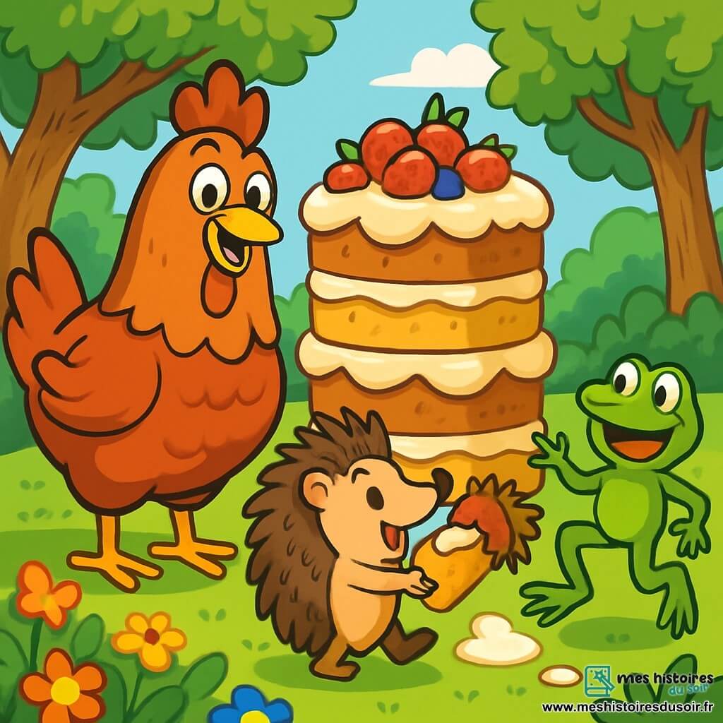 Priscilla, la poule aux plumes rousses, se tient devant un grand gâteau géant, le bec légèrement ouvert et les yeux pétillants d'excitation. À côté d'elle, Ernest le hérisson tente de goûter un morceau de gâteau, tandis que Germaine la grenouille bondit autour d'eux, éclaboussant de crème. La scène se déroule dans une clairière ensoleillée, entourée d'arbres et de fleurs colorées. Le gâteau, décoré de fruits rouges et de crème fouettée, attire tous les animaux de la forêt, célébrant le succès de la boulangerie de Priscilla avec un grand banquet rempli de rires et de joie.