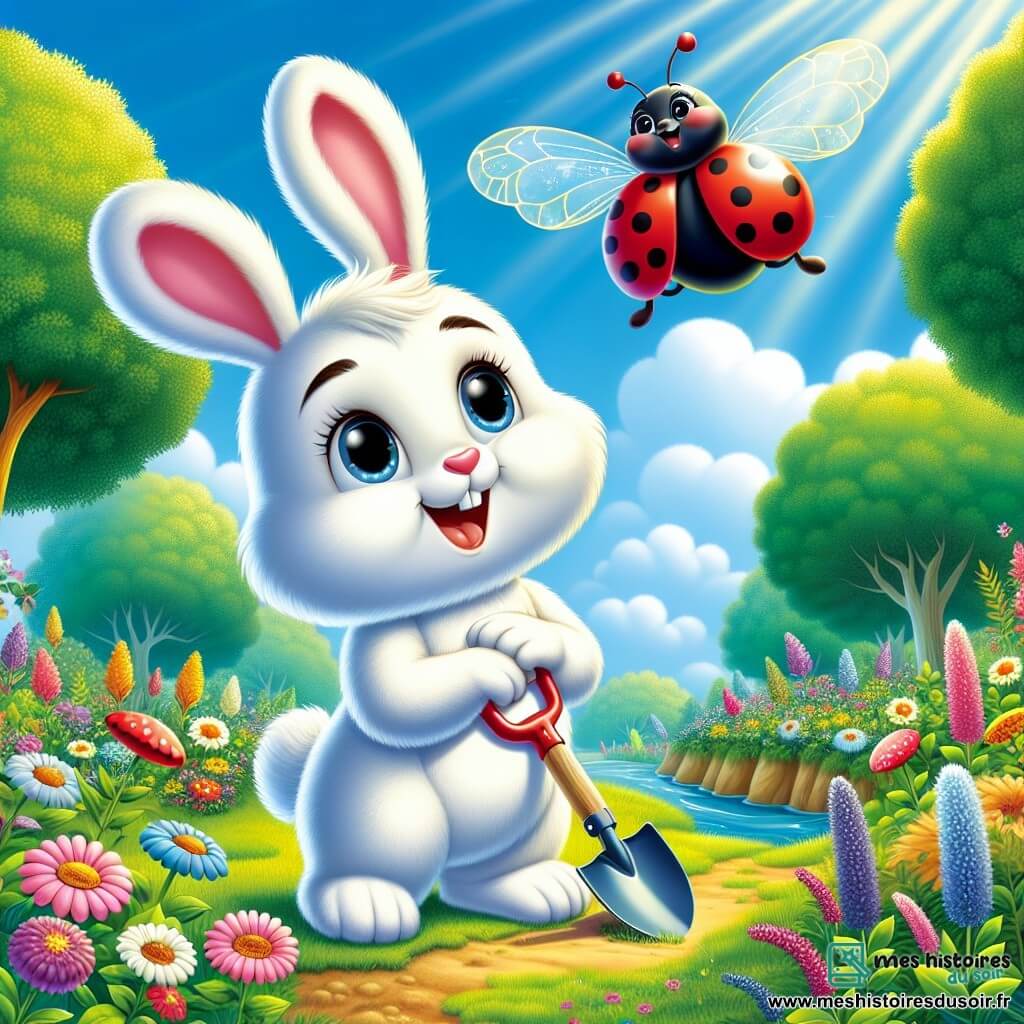 Un petit lapin nommé Léo, avec un pelage blanc et des grandes oreilles, regarde un ciel bleu clair en tenant une petite pelle. Il sourit, fier d'avoir aidé la nature. À ses côtés, Léa, une coccinelle rouge, vole joyeusement autour de lui, l'encourageant. Ils se trouvent dans une forêt verdoyante, remplie de fleurs colorées et d'arbres majestueux. Léo et Léa célèbrent leur succès après avoir planté des fleurs et nettoyé la forêt, entourés de leurs amis animaux qui les applaudissent, créant une atmosphère de joie et d'harmonie.