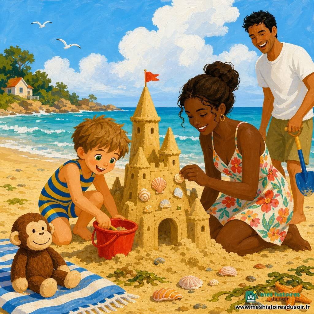Un garçon de 4 ans joyeux aux cheveux châtain clair en bataille et yeux verts, en maillot rayé bleu et jaune, creuse dans le sable avec un petit seau rouge pour façonner un grand château; la mère (~32 ans), cheveux bruns en chignon et robe d'été à fleurs, agenouillée, colle des coquillages sur les murs; le père (~34 ans), cheveux courts noirs, T-shirt blanc et short kaki, rit en tenant une pelle à droite; Coco, petit singe en peluche brun au visage beige souriant, est posé sur une serviette rayée; plage de sable doré sous un soleil chaud, mer turquoise à petites vagues blanches, quelques coquillages et algues, ciel bleu clair avec nuages cotonneux; scène familiale de construction de château de sable, gestes affectueux, ambiance lumineuse, couleurs saturées et textures de peinture acrylique visibles.