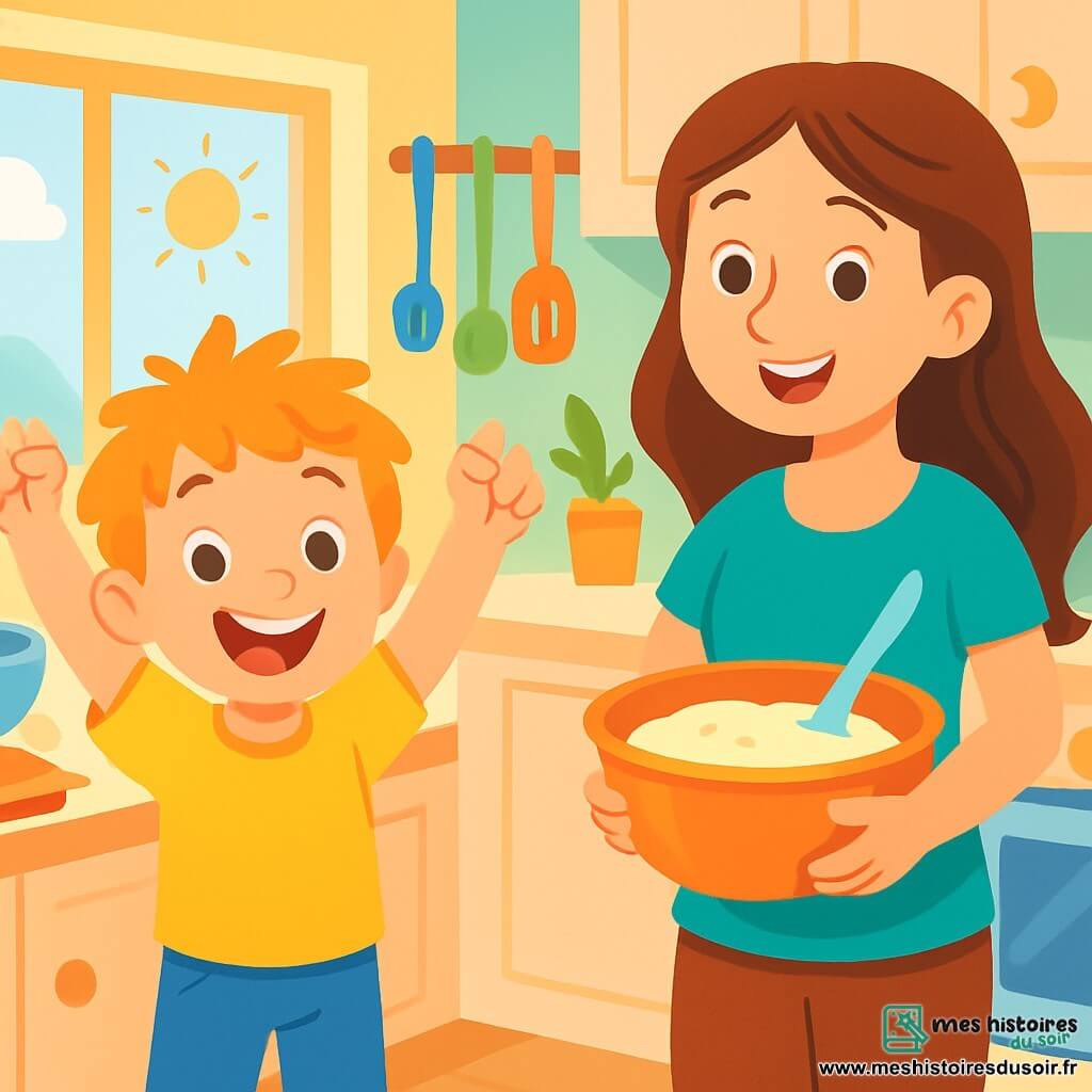 Léo, un garçon de 6 ans aux cheveux ébouriffés et joues rondes, sourit avec enthousiasme dans une cuisine lumineuse. Il porte un tee-shirt jaune et un pantalon bleu, les bras levés en signe de victoire. Sa maman, une femme d’une trentaine d’années aux cheveux bruns, sourit fièrement en tenant un saladier de pâte à gâteau. La cuisine aux couleurs pastel est éclairée par la lumière du soleil, avec des ustensiles colorés et un four en arrière-plan. Léo est ravi d'avoir réussi à s'habiller seul et à préparer un gâteau, prêt à partager ce moment joyeux avec sa maman.