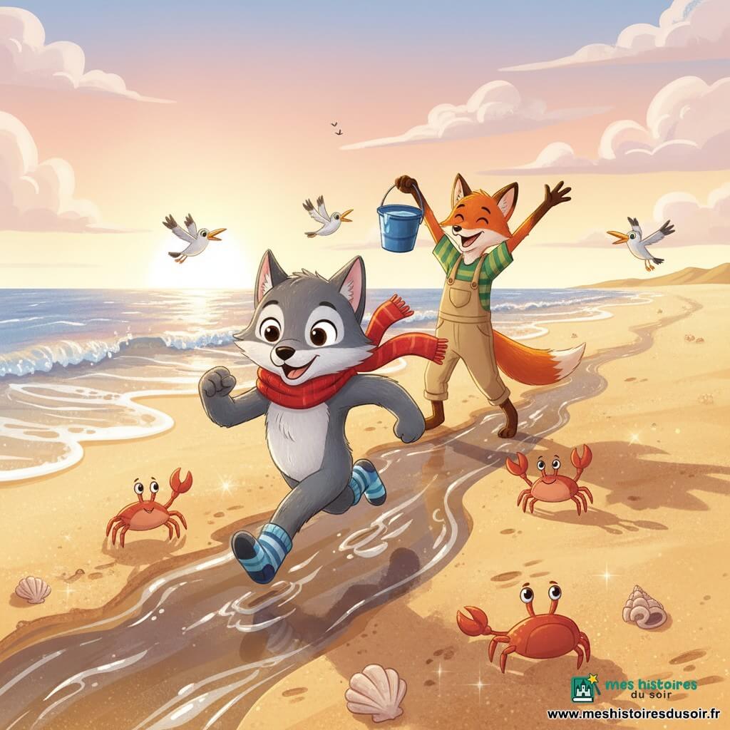 Léo, petit loup anthropomorphe au pelage gris et aux yeux malicieux, porte une écharpe rouge et des chaussettes épaisses; il sourit en courant sur un chemin de sable humide. Max, renard roux en salopette beige, se tient en retrait à droite, bras levés, tenant un seau bleu plein d’eau et encourageant. Autour d’eux, quelques crabes et oiseaux de plage apportent de la vie; la plage large aux sables dorés scintille sous un soleil bas, vagues douces, coquillages et empreintes visibles; un sentier d’eau brillante contraste avec le sable sec. Ambiance joyeuse et lumineuse, couleurs saturées, formes simples, style jeunesse, composition centrée sur Léo avec horizon bas montrant mer et ciel pastel.