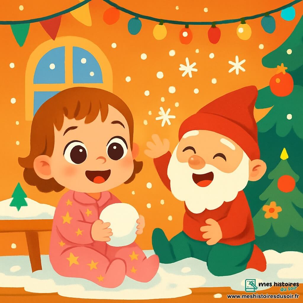 Une petite fille de 2 ans, Emma, avec de grands yeux brillants et un sourire éclatant, est assise sur le sol de sa maison. Elle porte un pyjama rose avec des étoiles et tient une boule de neige dans ses petites mains. À côté d'elle, Lutin Farceur, un petit lutin espiègle avec un bonnet rouge pointu et une barbe blanche, rit en lançant des flocons de neige dans les airs. La maison est chaleureuse, décorée de guirlandes colorées et de lumières scintillantes, tandis que des flocons de neige tombent doucement à l'intérieur. Emma regarde avec émerveillement le lutin qui s'amuse à cacher des décorations de Noël. La scène est pleine de joie et de magie, illuminée par des éclats de rire et des couleurs vives.