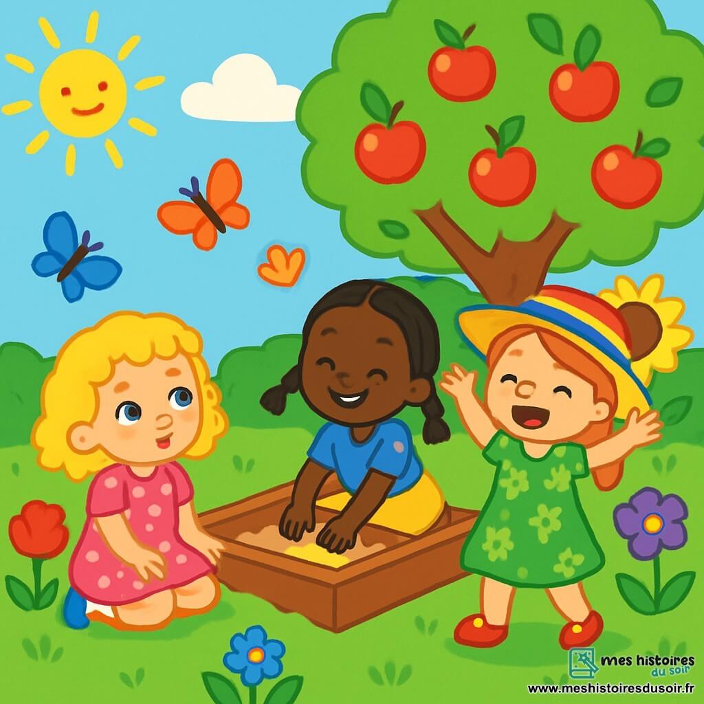 Trois personnages sont présents : Lili, une fille de 3 ans aux boucles dorées et à la robe rose à pois, assise dans l'herbe, curieuse ; Mimi, avec des tresses et un t-shirt bleu, accroupie dans le bac à sable, souriante ; et Nini, portant un grand chapeau coloré et une robe verte à fleurs, debout en chantant joyeusement. Le cadre est un jardin fleuri avec des roses rouges, des tournesols jaunes et un pommier chargé de fruits. Les trois amies cherchent leur goûter perdu en riant et chantant, créant une ambiance joyeuse et vivante, entourées de papillons colorés.