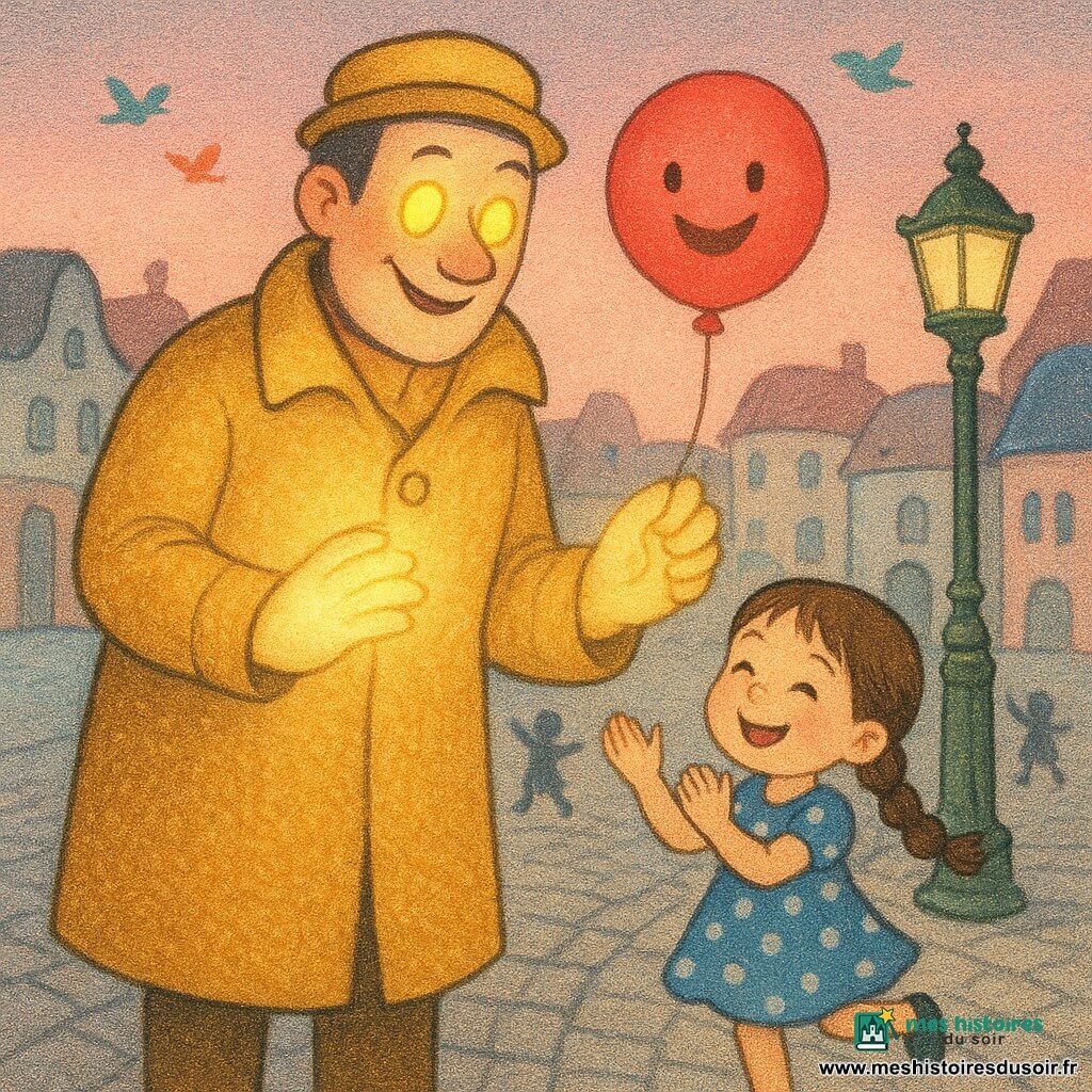 Le Capitaine Luminor, grand et bienveillant, porte un manteau doré brillant, a des yeux comme des lampes jaunes et des mains qui émettent une lumière douce ; il sourit en tenant en l'air un petit ballon rouge rond au visage riant. À sa gauche, une fillette d'environ 4 ans aux deux tresses brunes et à la robe bleue à pois applaudit et danse. Une vieille lampe de rue en métal vert, un peu cabossée mais brillante, éclaire le trottoir à droite. La scène se déroule au crépuscule dans une ville ronde aux rues pavées grises et aux maisons basses pastel aux toits arrondis, avec de petits oiseaux colorés et quelques silhouettes d'enfants en arrière-plan ; atmosphère douce, chaleureuse et lumineuse, contraste marqué entre l'or du manteau et le rouge du ballon, style graphique aux traits doux, couleurs pastel saturées et texture type papier.