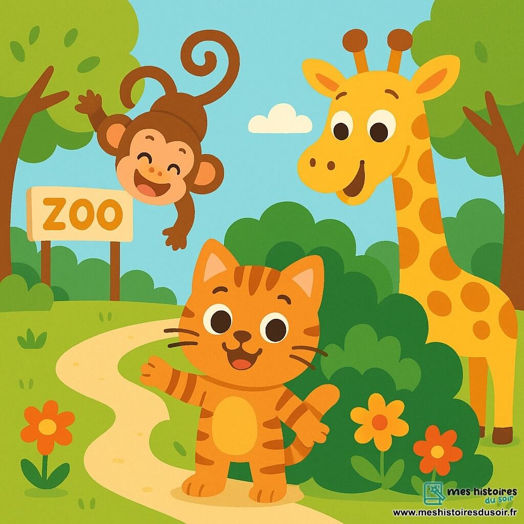 Un chat espiègle nommé Chacha se tient debout sur ses pattes arrière, avec des yeux pétillants et un sourire malicieux. À côté de lui, Lili la girafe se penche en riant, tandis que Toto le singe saute d'une branche à l'autre. La scène se déroule dans un zoo ensoleillé, avec des arbres et des fleurs colorées. Chacha propose de jouer à cache-cache, entouré de rires, tandis que Lili se cache et que Toto se balance.