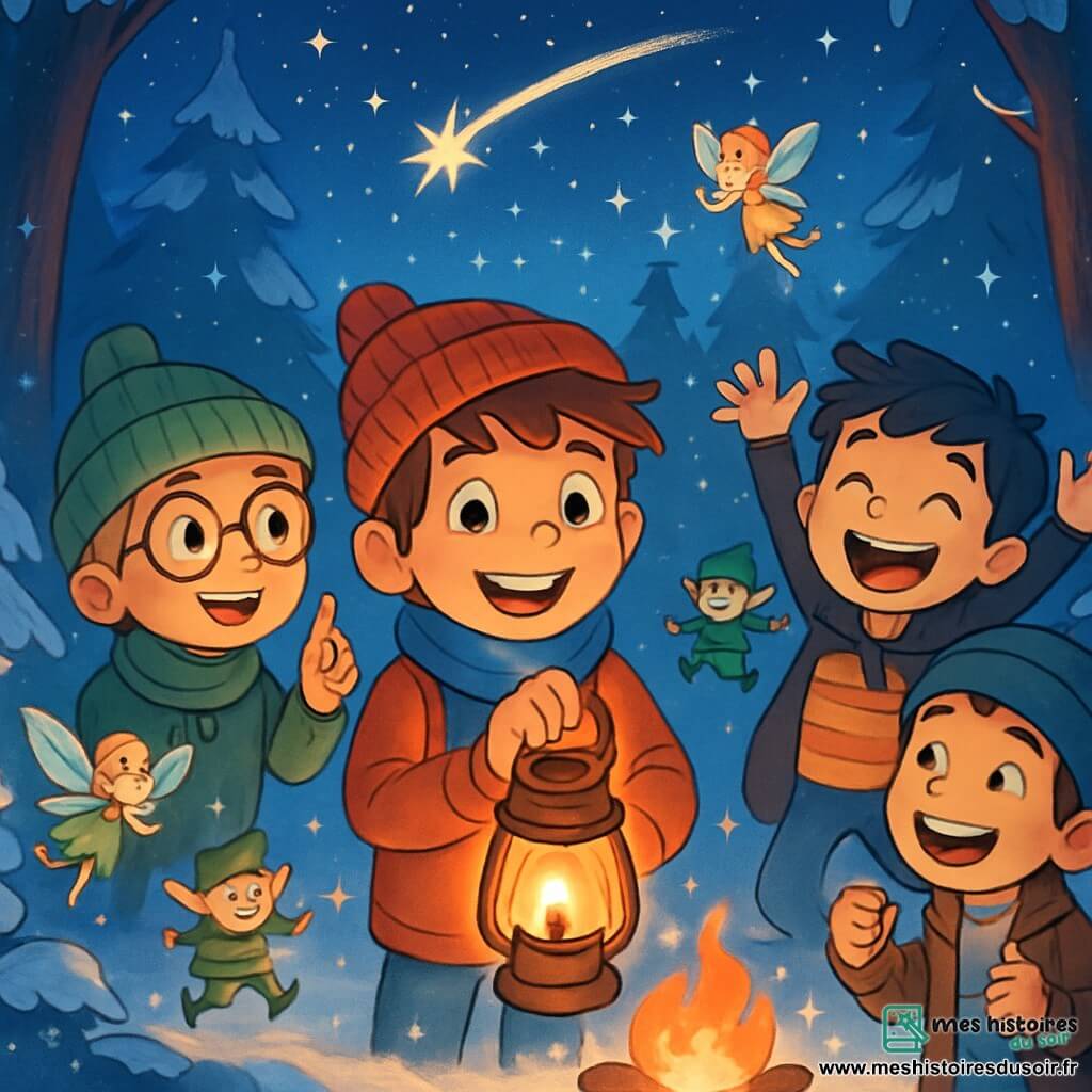 Quatre enfants se tiennent dans une clairière enchantée : Léo, 9 ans, cheveux bruns en bataille, souriant au centre avec une lanterne magique ; Tom, 9 ans, cheveux blonds et lunettes rondes, à gauche de Léo, pointant une étoile dans le ciel ; Max, 9 ans, cheveux noirs et taches de rousseur, à droite de Léo, sautant de joie ; Jules, 9 ans, cheveux châtains, légèrement en arrière, riant avec enthousiasme. La clairière est entourée d'arbres enneigés et peuplée de créatures féeriques dansant autour d'un feu. Les enfants, émerveillés, se préparent à faire un vœu à la première étoile du Nouvel An, créant une ambiance joyeuse et magique.
